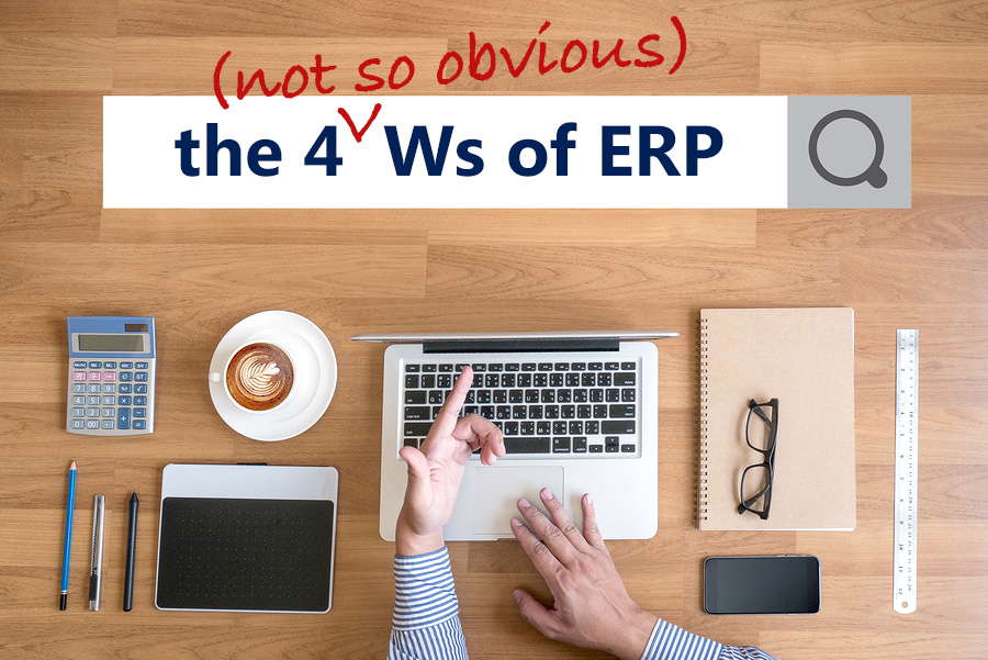 The 4 Ws of ERP Title businessman with reports and laptop